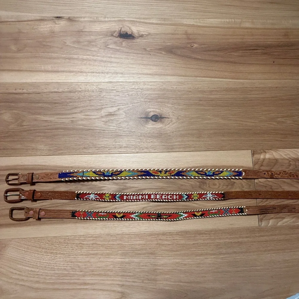 Beaded Leather Belts Kids or Adult XS Brown Tan Lot of 3 Vintage Western Boho